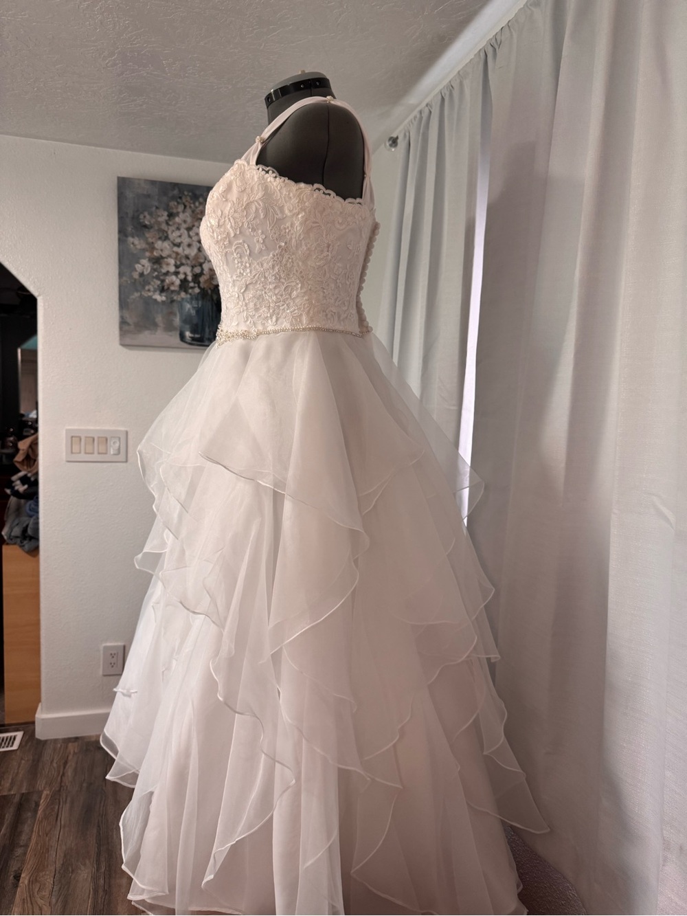 Lace Bodice Ruffled Tulle Dress in Ivory - Brand Unspecified